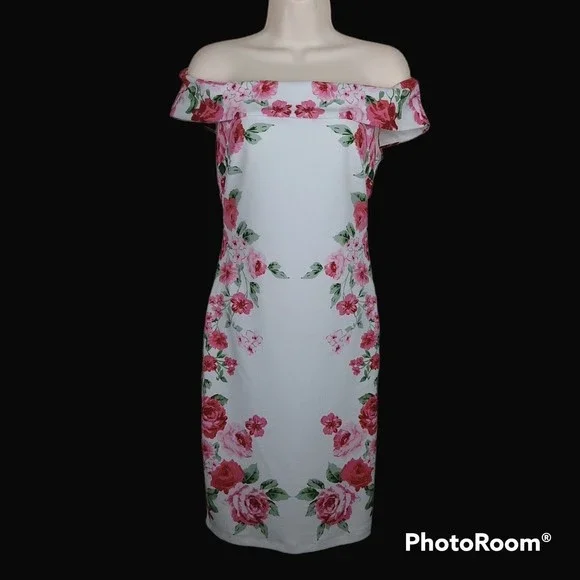 Premier Amour | Dresses | Premier Amour Pink White Rose Floral Off The  Shoulder Bodycon Midi Dress Size 4 | Poshmark
